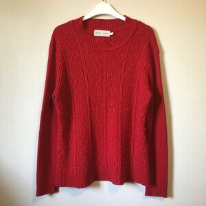 Vintage 80s Cherry Red Cable Knit Beaded Ribbed Sleeve Sweater